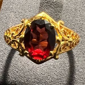 Vintage Genuine Garnet Filigree Ring 18k HGE Gold Plated Gemstone Ring Size 9